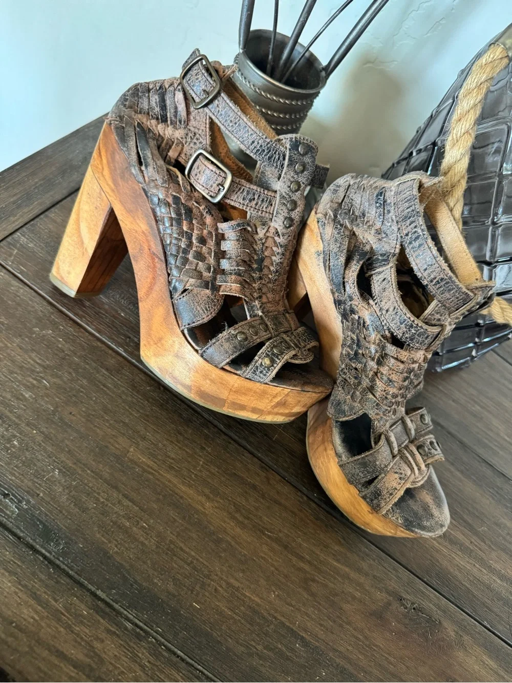 Bed Stu Brown Woven Leather Platform Sandals
